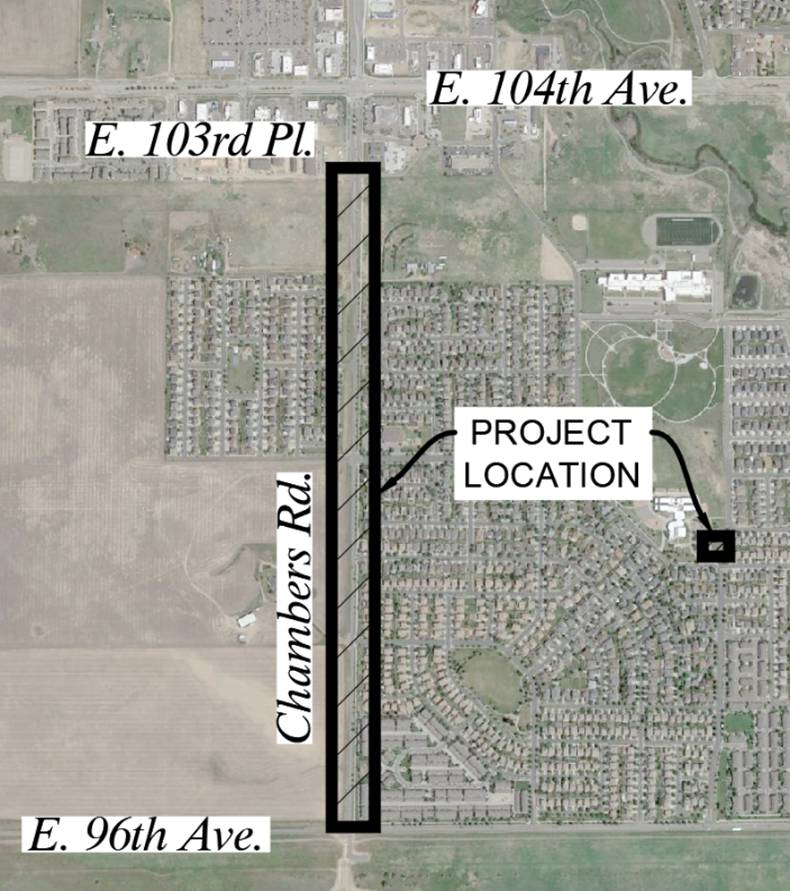 A map of the project location on Chambers Road from East 96th Ave to East 103rd Place